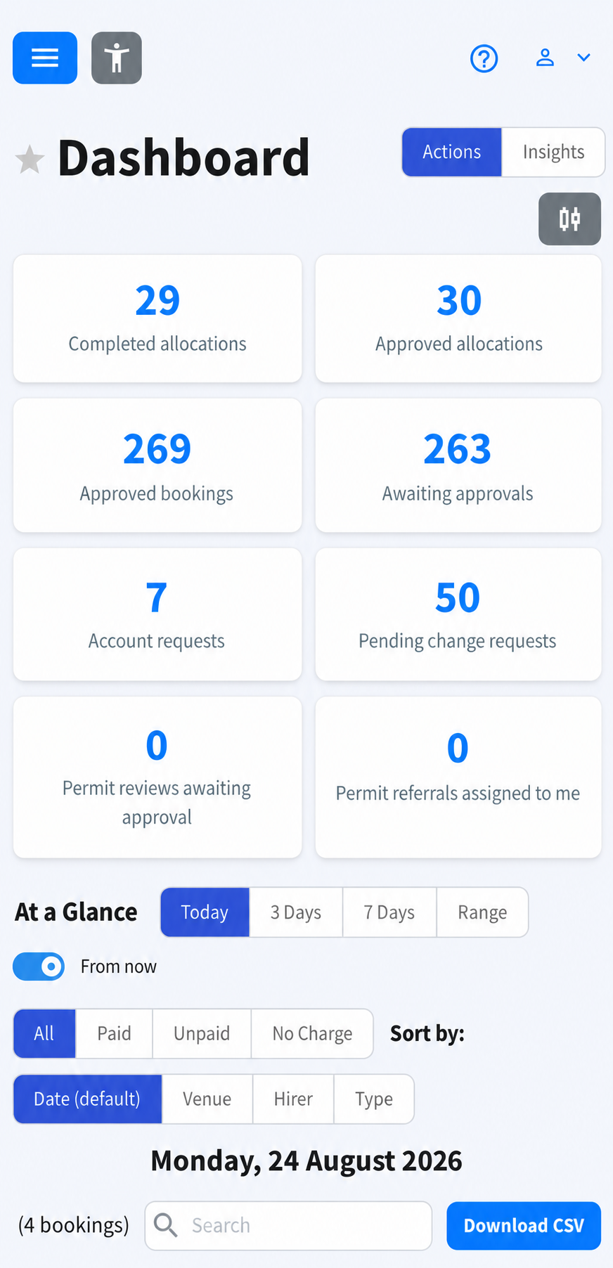 Community Bookings mobile dashboard showing booking activity and filters